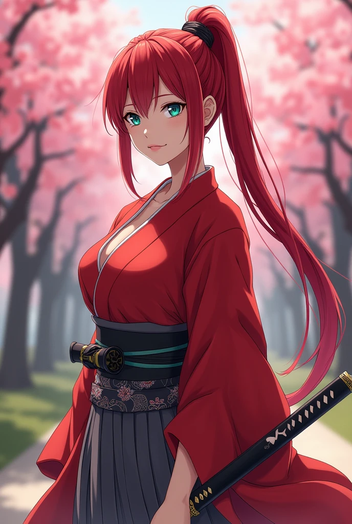 Anime, Japanese woman in a kimono, with teal eyes, red hair, long hair in a ponytail, grey hakama, crimson clothing, a katana on her left hip, large breasts, and a large rear end. Her chest is slightly exposed.