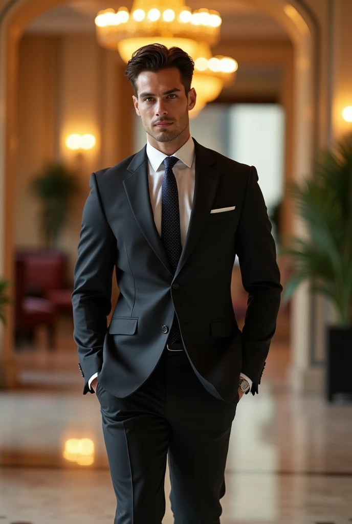 A tall man, 6'6" tall, white with dark brown hair, green eyes, wealthy and with a gym body.