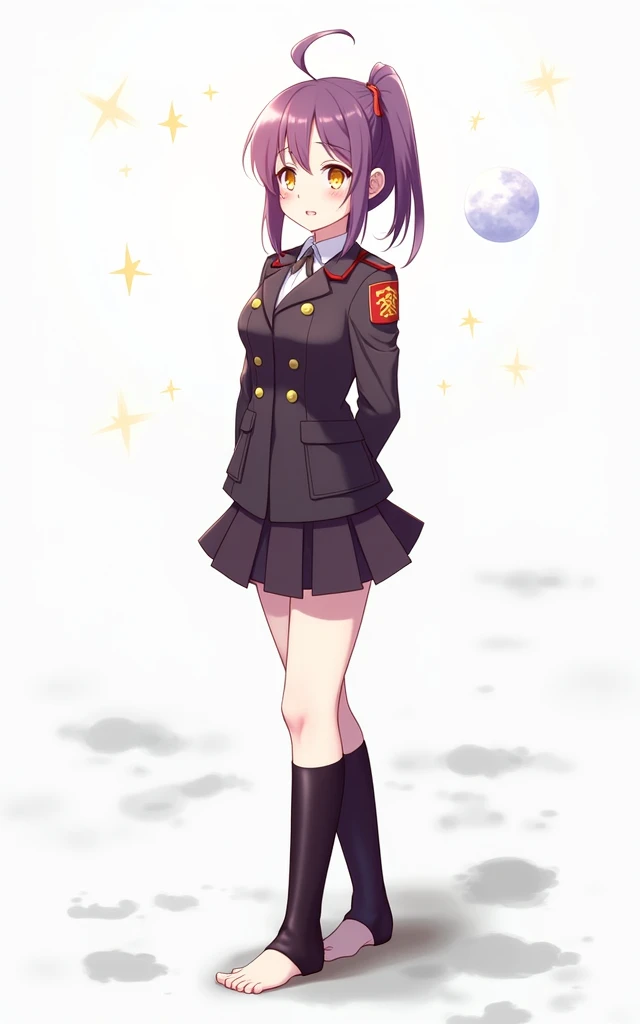 ((Work of art)))
a beautiful girl, medium length purple hair tied in a side ponytail, (((bright golden eyes))),((purple nails))), she wears a military uniform with a black skirt and an armband on her left arm, ( (on the moon with starry sky and the earth in space)), standing, barefoot, pained smile, (((perfect hands))), (((perfect fingers))), ultra quality, medium breasts, 