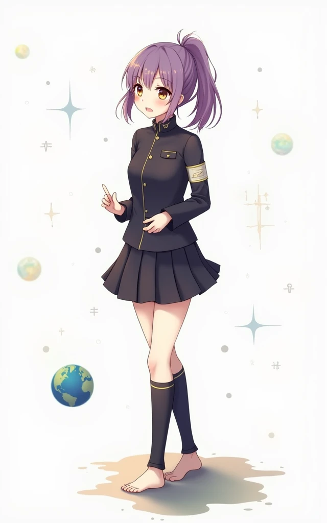 ((Work of art)))
a beautiful girl, medium length purple hair tied in a side ponytail, (((bright golden eyes))),((purple nails))), she wears a military uniform with a black skirt and an armband on her left arm, ( (on the moon with starry sky and the earth in space)), standing, barefoot, pained smile, (((perfect hands))), (((perfect fingers))), ultra quality, medium breasts,