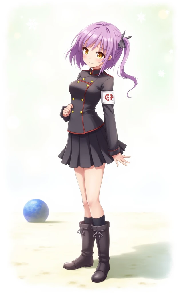 ((Work of art)))
a beautiful girl, medium length purple hair tied in a side ponytail, (((bright golden eyes))),((purple nails))), she wears a military uniform with a black skirt and an armband on her left arm, ( (on the moon with starry sky and the earth in space)), standing, barefoot, pained smile, (((perfect hands))), (((perfect fingers))), ultra quality, medium breasts,