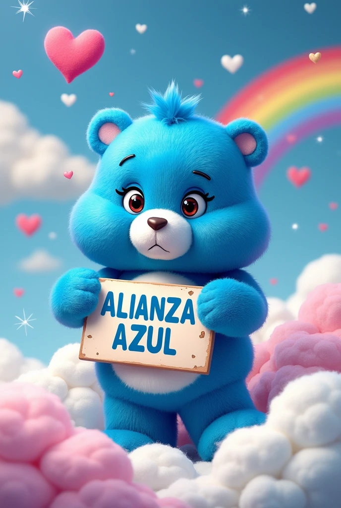 GRUMPY bear from the care bears with the frace “ALIANZA AZUL”