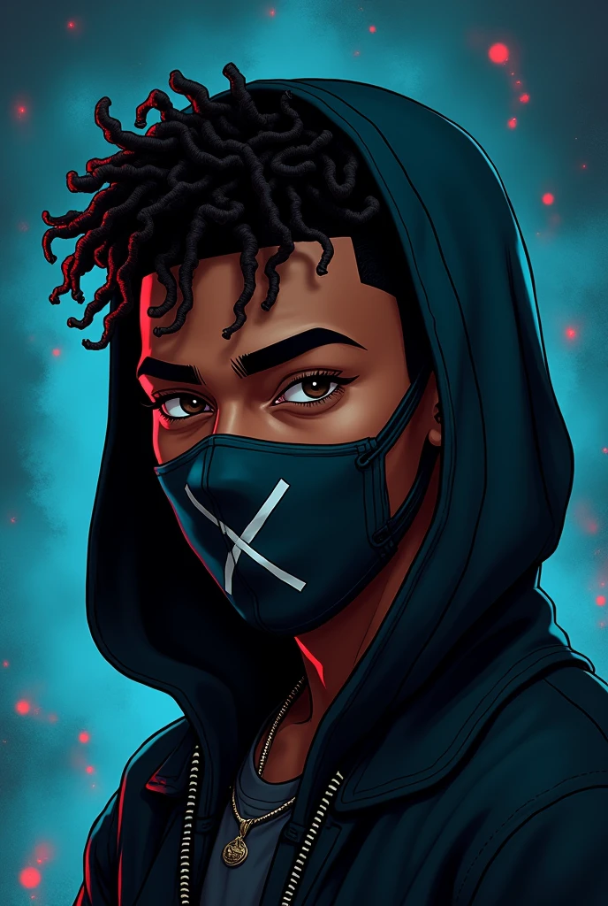 I want a portrait of a young man at least 20 years old, black with thick eyebrows, brown eyes,his mouth covered by an artistic mask with an x drawn on it, he has curly hair a shaved haircut on the side fuller on top, he is wearing a black jacket with a hood,with a sad expression,he is in a nocturnal environment, totally dark, with a shade of blue and red in the air,facing the observer in manga style.drawning.