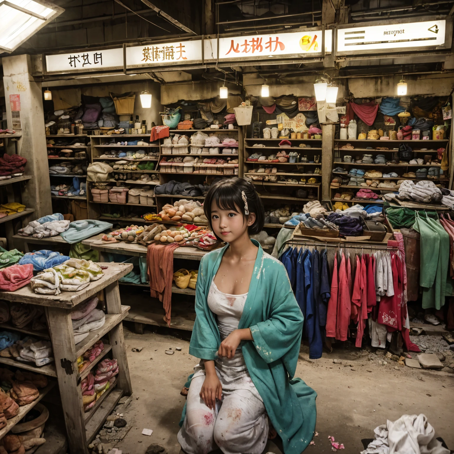((masterpiece、Highest quality))、Beautiful girls gather.、Girl in summer clothes、(Detailed and cute face:1.3)、(Poor conditions、Dim and unsanitary、Crumbling underground shopping mall、Showa Retro)、屋台のdiet店、stage、sewage、Dirty shop、street vendors、Unsanitary and abandoned city、smile、diet、Poor person々