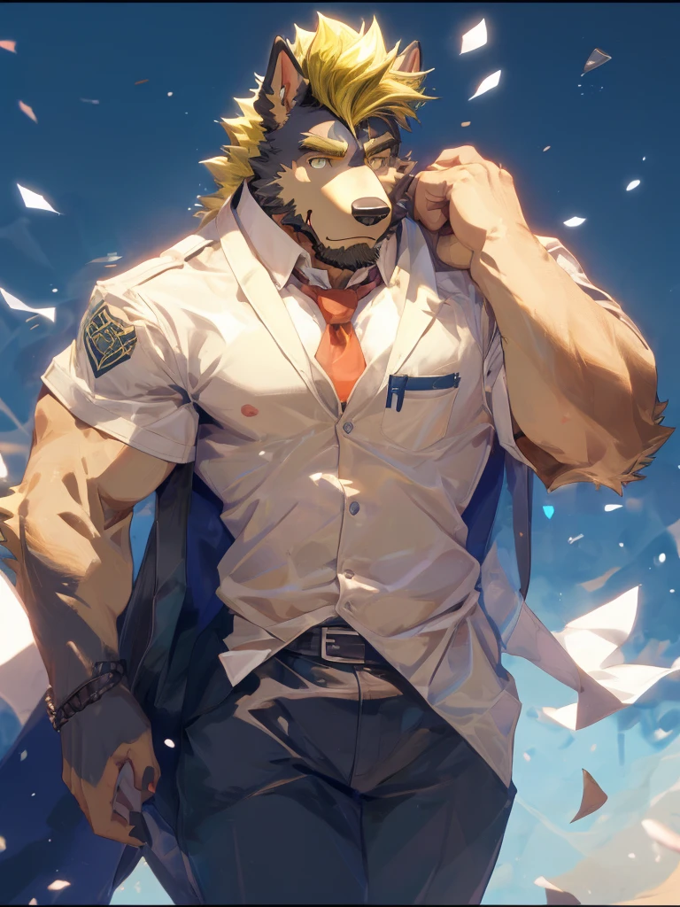 ((best quality)), ((masterpiece)), (detailed), perfect face, bara furry, dog man, big body, black skin, short quiff yellow hair, yellow eyes, perfect eyes, big dog ears, handsome, at school