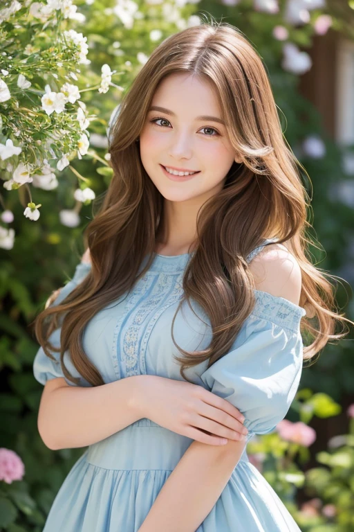 Create a highly detailed and realistic portrait of a young woman with long, wavy brown hair, wearing a stylish blue dress, smiling softly with a natural background of a blooming garden in spring, using soft, warm lighting to highlight her facial features.