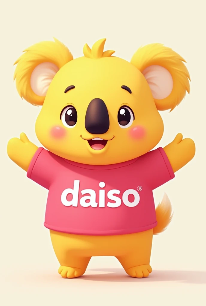 Create a 2D illustration of a cute and cheerful yellow koala mascot for a store named 'Daiso'. The koala should have large, expressive eyes and a friendly smile. It should be wearing a pink shirt with the hex color code #9e0d5c, and the 'Daiso' logo in bold white letters prominently displayed on the front. I am providing the Daiso logo as an image reference to ensure accuracy and consistency. The design should be cartoonish with rounded features, vibrant colors, and a simple, playful style. The background should be clean and minimalistic, focusing attention on the koala mascot. The overall image should convey warmth and approachability, making the mascot appealing to a wide audience.