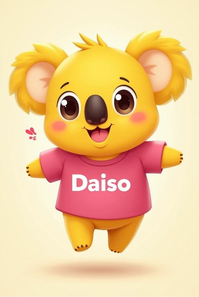 Create a 2D illustration of a cute and cheerful yellow koala mascot for a store named 'Daiso'. The koala should have large, expressive eyes and a friendly smile. It should be wearing a pink shirt with the hex color code #9e0d5c, and the 'Daiso' logo in bold white letters prominently displayed on the front. I am providing the Daiso logo as an image reference to ensure accuracy and consistency. The design should be cartoonish with rounded features, vibrant colors, and a simple, playful style. The background should be clean and minimalistic, focusing attention on the koala mascot. The overall image should convey warmth and approachability, making the mascot appealing to a wide audience.