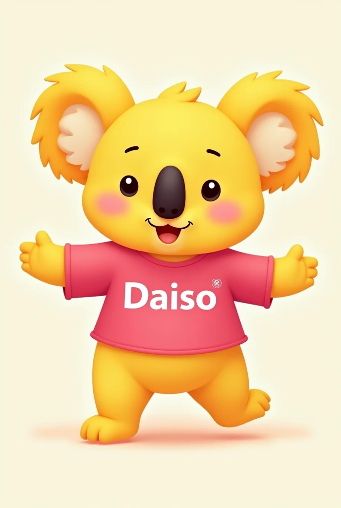 Create a 2D illustration of a cute and cheerful yellow koala mascot for a store named 'Daiso'. The koala should have large, expressive eyes and a friendly smile. It should be wearing a pink shirt with the hex color code #9e0d5c, and the 'Daiso' logo in bold white letters prominently displayed on the front. I am providing the Daiso logo as an image reference to ensure accuracy and consistency. The design should be cartoonish with rounded features, vibrant colors, and a simple, playful style. The background should be clean and minimalistic, focusing attention on the koala mascot. The overall image should convey warmth and approachability, making the mascot appealing to a wide audience.