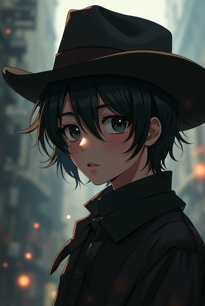 (animatedrealsm:1.1) make anime art of someone who has a soft boy appearance but has a slaughtering soul. The boy was wearing a tilted hat koboy and had long, thick hair, fair skin and only his head and body were visible. the boy faced forward with a sharp gaze