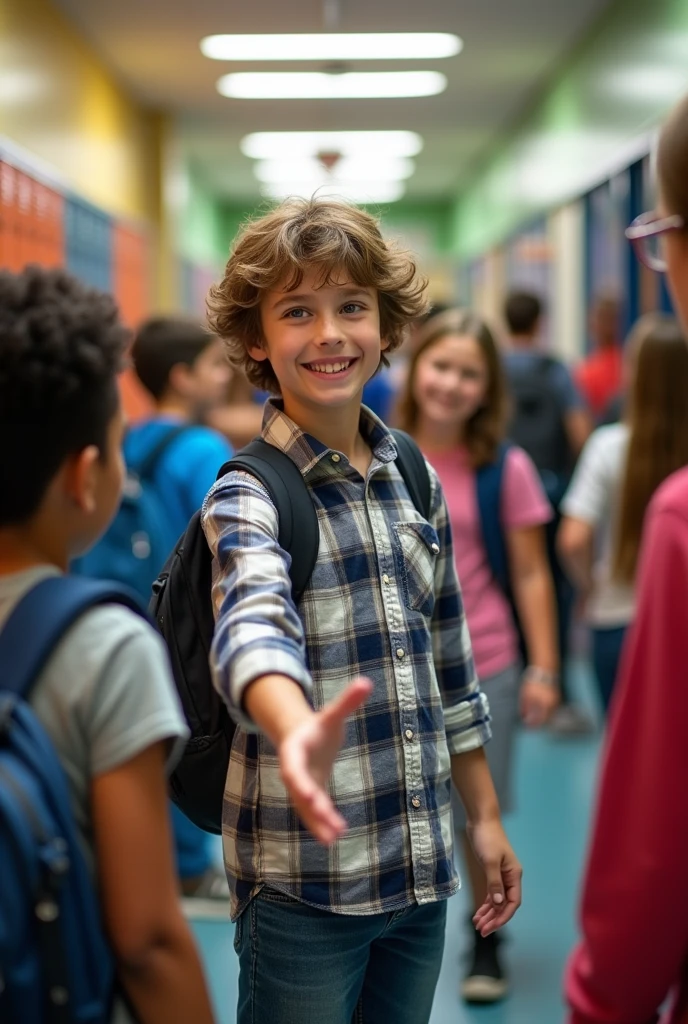 A boy showing his face at school standing with more school students by shaking hands with one of them