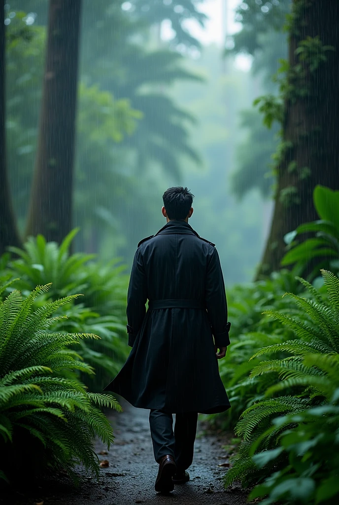 Man walking alone backwards with green vegetation and rain