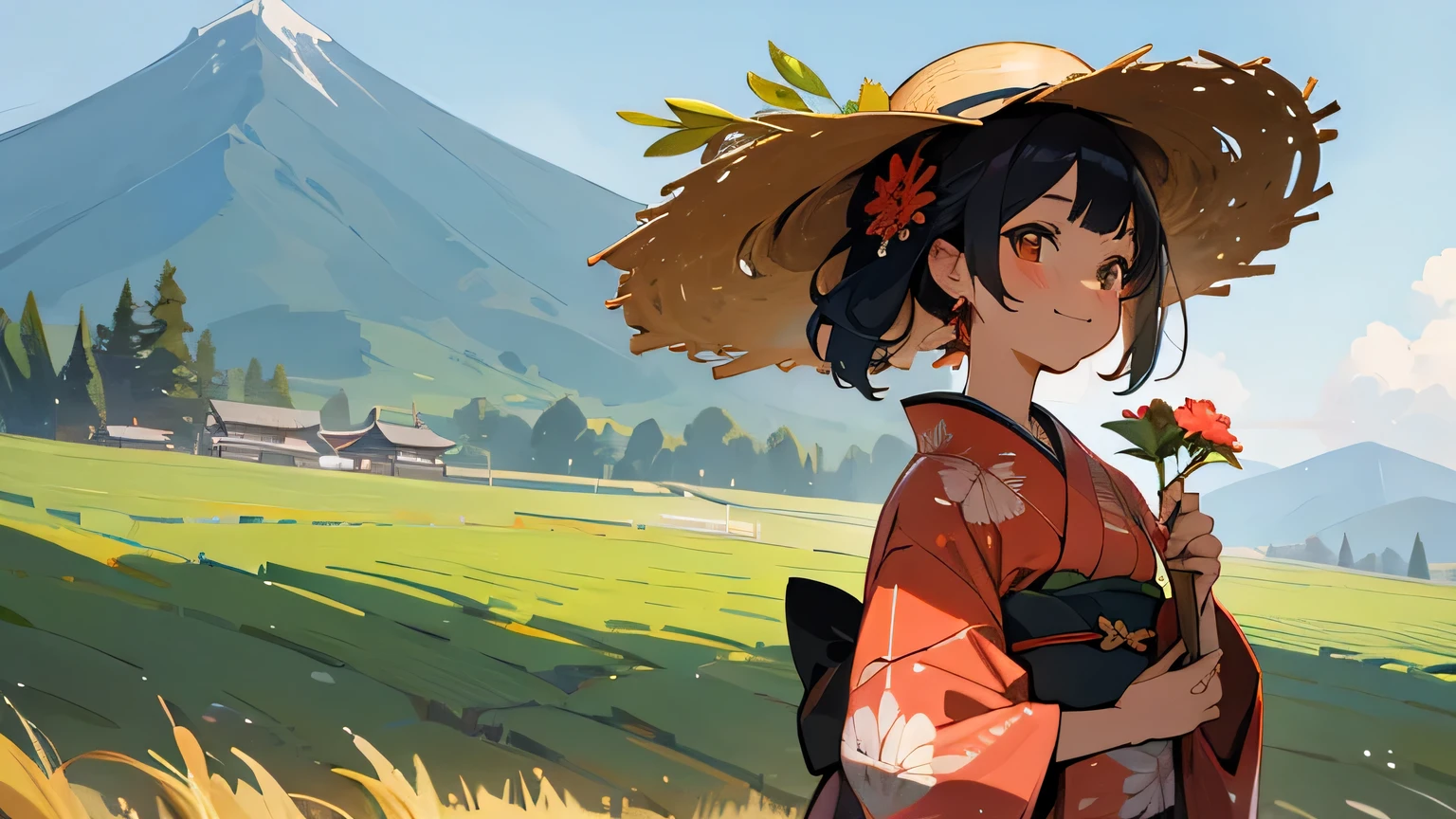 summer,mountain,nature,smile,kimono,japanese girl,straw hat,holding flower