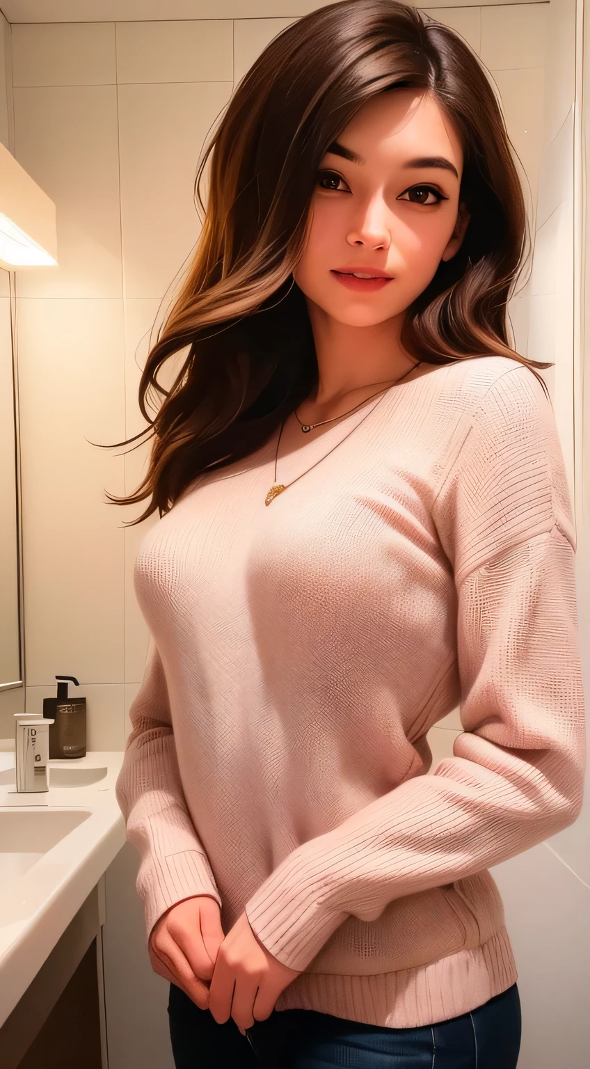 ((Night, Realistic Light, Best Quality, 8K, Masterpiece: 1.3)), 1girl, Slim Beauty: 1.4, (Brown hair, Medium breasts: 1.3), Long pink sweater: 1.1, Bathroom, Super fine face, Delicate eyes, Double eyelids, smile, necklace