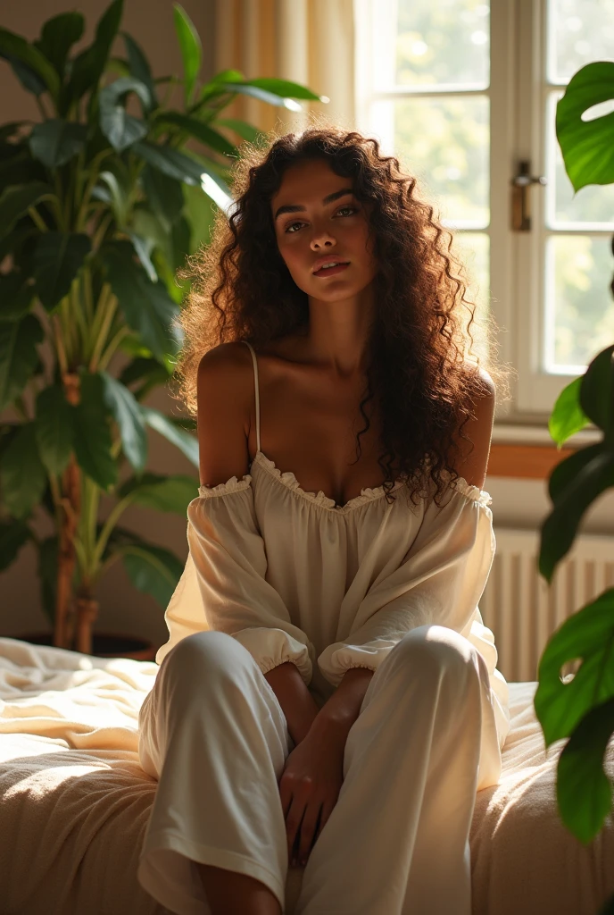 (photorealism:1.2), beautiful woman, sitting on bed, wearing loose off-shoulder top, pajama pants, long curly hair, indoors, soft lighting, plants in background, window with sunlight, cozy room, relaxed pose, realistic, intricate details, warm colors, by Greg Rutkowski, by Alphonse Mucha