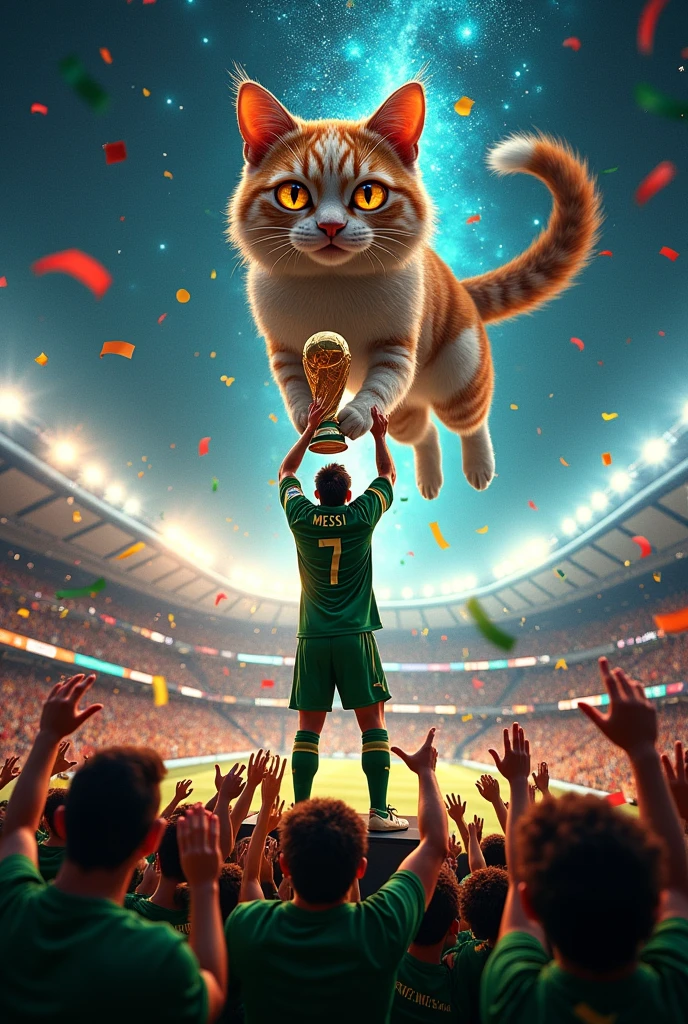 Messi winning the World Cup with Mexico while a super-cool cosmic cat god watches him