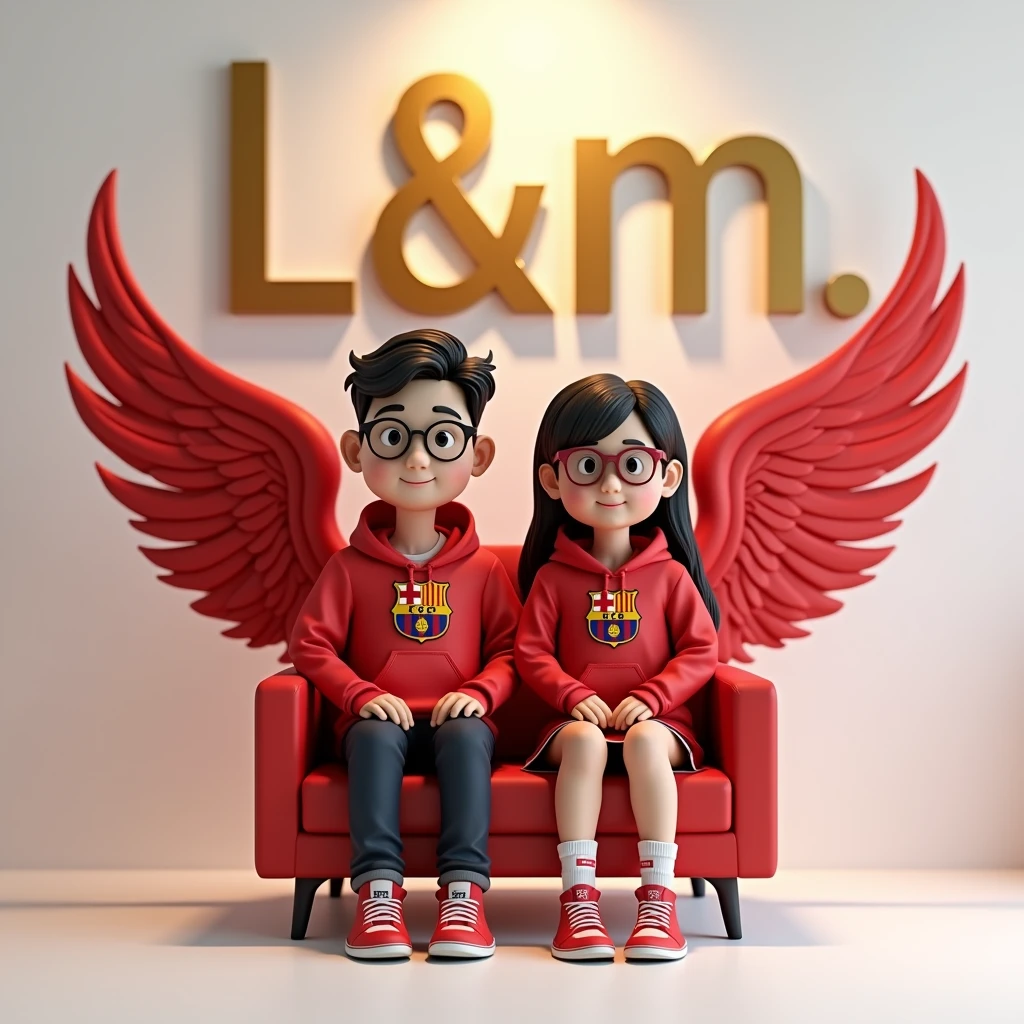 Create a realistic 3D image of a couple casually sitting in an armchair, both wearing red., wearing a Barcelona FC hoodie, shoes and glasses. The boy is looking forward, The background shows L&m. in large, capital gold letters on the white lighting wall. There should be no shadows and wings should be added to make it look like he and she are an angel.