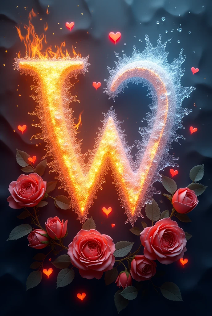 letters L and W in fire and ice and hearts behind with very beautiful roses

