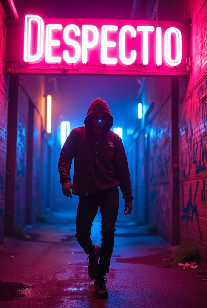 Design an electrifying and high-energy thumbnail for the song "Despectio." The scene features a confident figure standing under neon lights on a dark, urban street. The figure is mid-dance, with a powerful pose, glowing eyes, and a mysterious aura. The background includes graffiti-covered walls and bright city lights, giving a gritty, urban feel. The title "Despectio" is displayed prominently in bold, neon font across the top, with a slight glow around it to make it pop. The colors are vibrant, with a mix of dark purples, blues, and pinks to create a dramatic, energetic atmosphere.