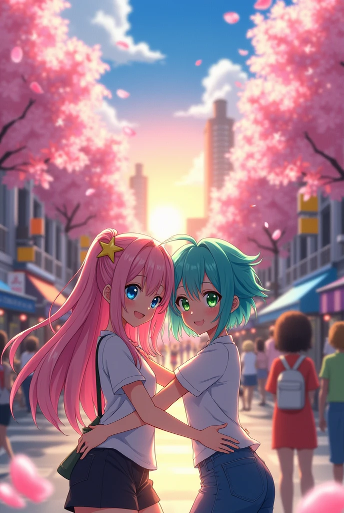 Two anime teen girls hangging out, the one girl locked her arms with the other girl's arm