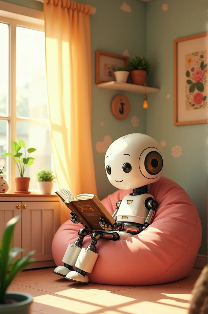 The robot is reading a book in a cozy bedroom, bathed in warm light, reminiscent of a Studio Ghibli animation.