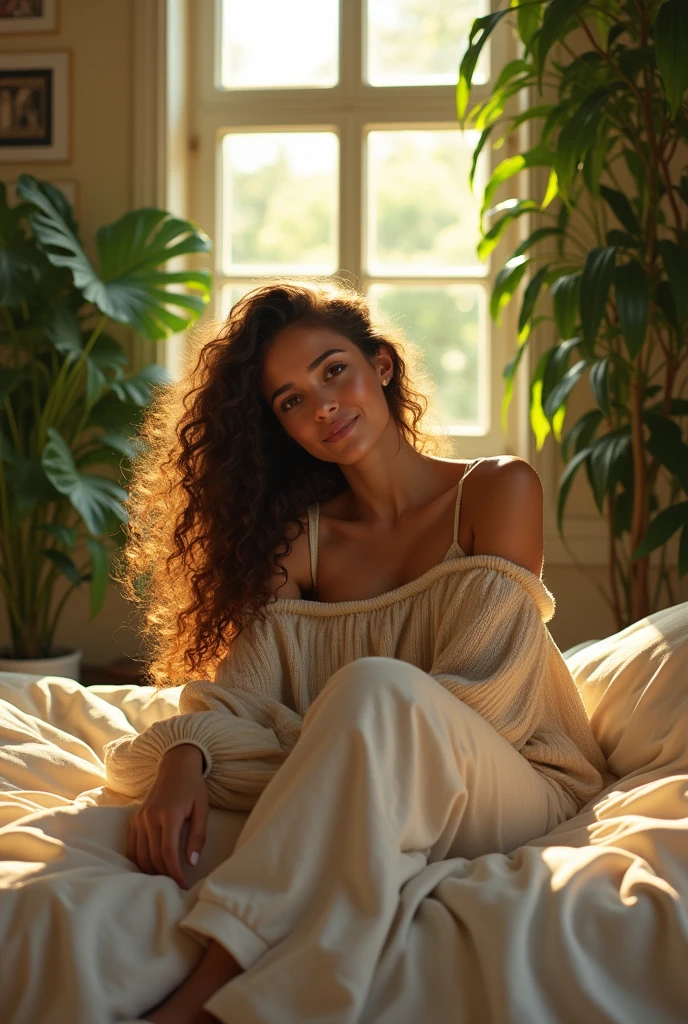 (photorealism:1.2), beautiful woman, sitting on bed, wearing loose off-shoulder top, pajama pants, long curly hair, indoors, soft lighting, plants in background, window with sunlight, cozy room, relaxed pose, realistic, intricate details, warm colors, by Greg Rutkowski, by Alphonse Mucha