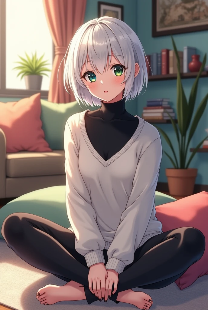 anime style, young adult woman, with the right eye blue and the left eye green, short white hair.
She is wearing a visible black turtleneck blouse and a white V-neck sweater.. 
sitting cross-legged