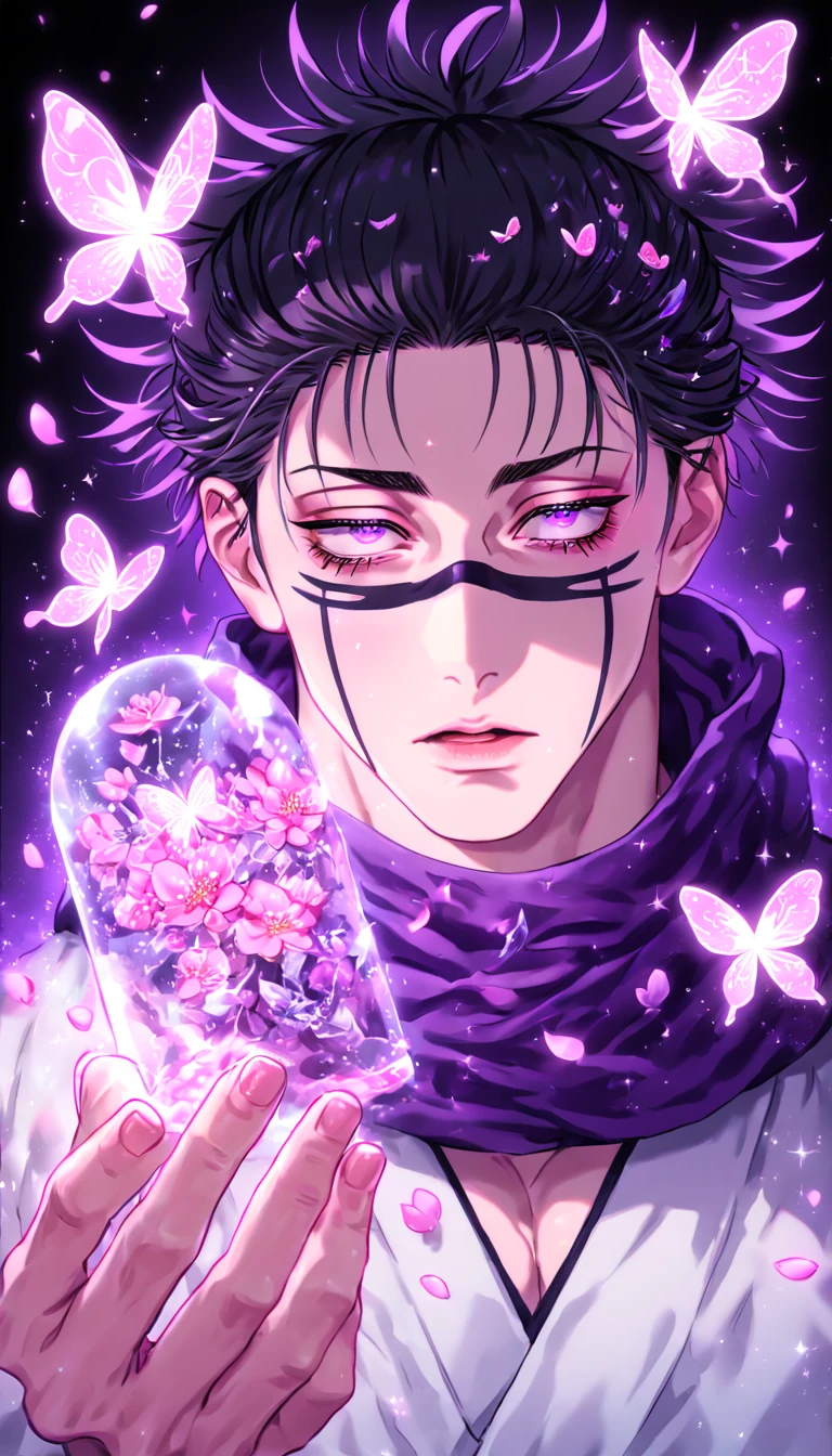 absurdres, highres, ultra detailed, HDR, master piece, Choso, black hair, expressive purple eyes, purple scarf, white clothes, Jujutsu Kaisen, fantasy, glittering pink butterflies, petals, magical, handsome, sexy man, solo, very detailed eyes and face, glittering, pink flowers, sensual, horny, crystal glass magic, pink shining fireflies, pink fire, manly man,