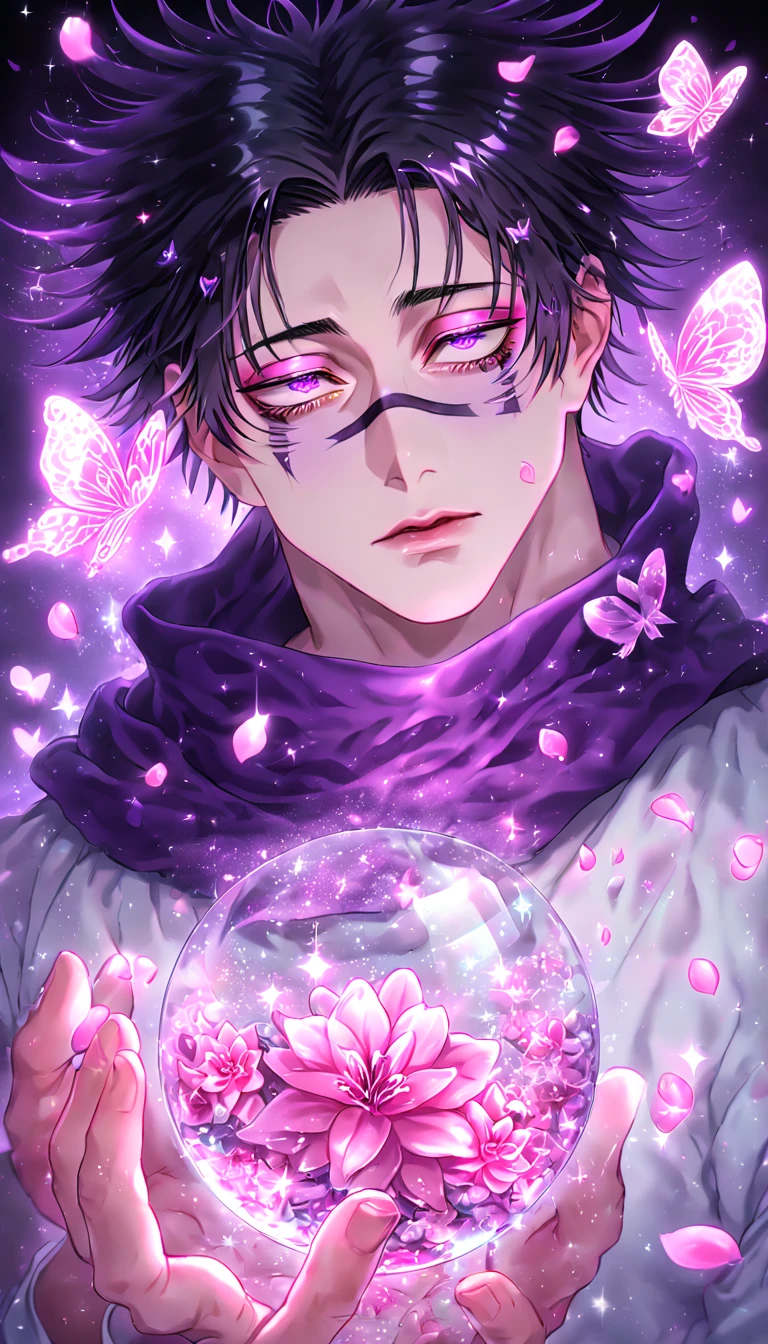 absurdres, highres, ultra detailed, HDR, master piece, Choso, black hair, expressive purple eyes, purple scarf, white clothes, Jujutsu Kaisen, fantasy, glittering pink butterflies, petals, magical, handsome, sexy man, solo, very detailed eyes and face, glittering, pink flowers, sensual, horny, crystal glass magic, pink shining fireflies, pink fire, manly man,