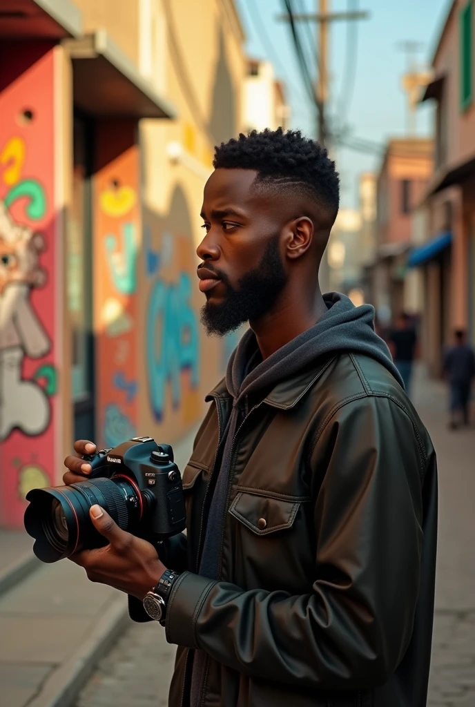Create a young black African man weighing 64kg and 1m tall,69m. With a beard and shaved hair holding a camera facing the camera, he is probably thinking .