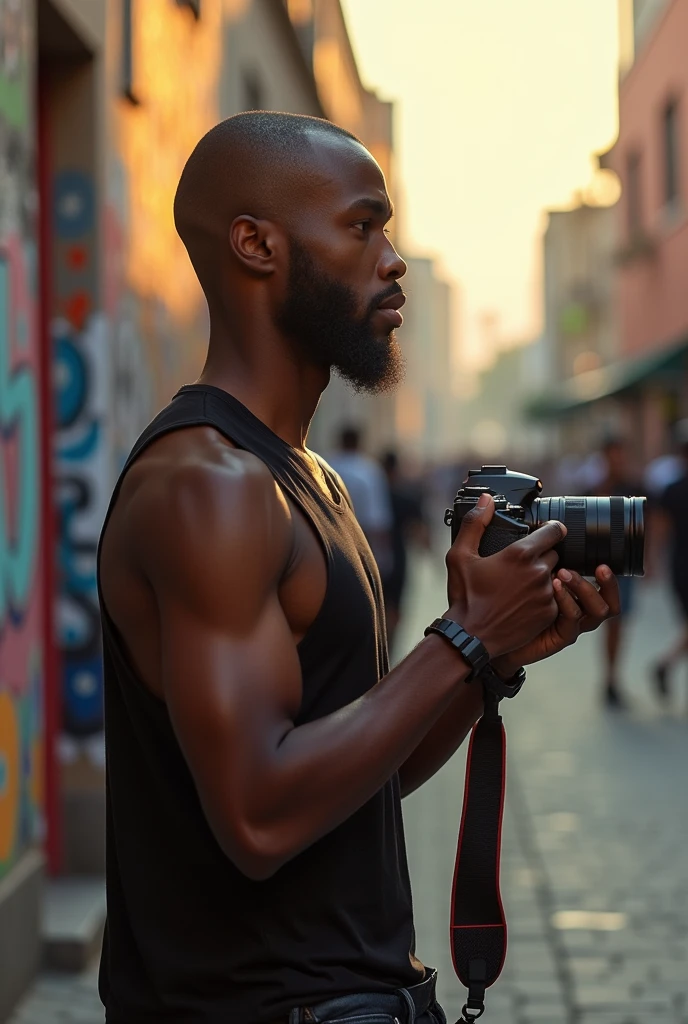 Create a young black African man weighing 64kg and 1m tall,69m. With a beard and shaved hair holding a camera facing the camera, he is probably thinking .