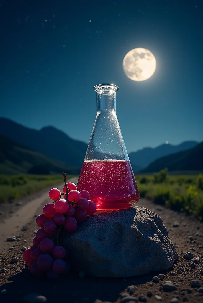 CREATE AN IMAGE THAT IS AN Elermeyer flask, inside it there is A BUNCH OF RED GRAPES ON TOP OF A rock, next to a dirt road that goes towards some mountains, IN THE BACKGROUND A NIGHT FIELD, WITH THE LIGHT OF THE MOON ON THE GRAPES AND THE ROCK IN THE FOREGROUND, WITH A SUBTLE HAZE THAT ENVELOPES THE GRAPES AND THE ROCK,