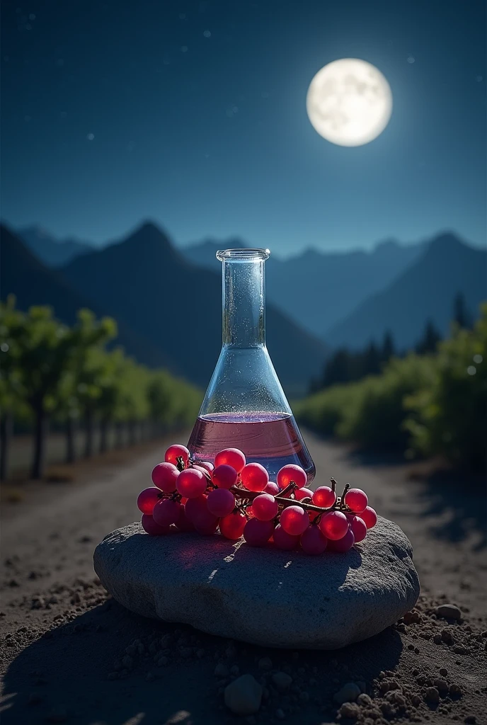 CREATE AN IMAGE THAT IS AN Elermeyer flask, inside it there is A BUNCH OF RED GRAPES ON TOP OF A rock, next to a dirt road that goes towards some mountains, IN THE BACKGROUND A NIGHT FIELD, WITH THE LIGHT OF THE MOON ON THE GRAPES AND THE ROCK IN THE FOREGROUND, WITH A SUBTLE HAZE THAT ENVELOPES THE GRAPES AND THE ROCK,