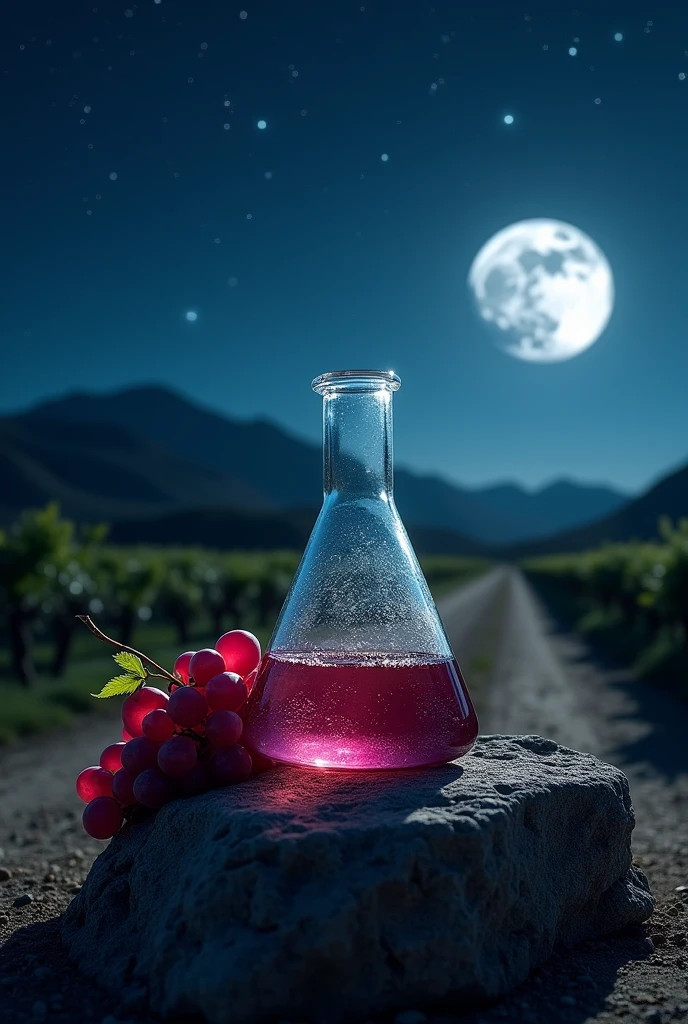 CREATE AN IMAGE THAT IS AN Elermeyer flask, inside it there is A BUNCH OF RED GRAPES ON TOP OF A rock, next to a dirt road that goes towards some mountains, IN THE BACKGROUND A NIGHT FIELD, WITH THE LIGHT OF THE MOON ON THE GRAPES AND THE ROCK IN THE FOREGROUND, WITH A SUBTLE HAZE THAT ENVELOPES THE GRAPES AND THE ROCK,