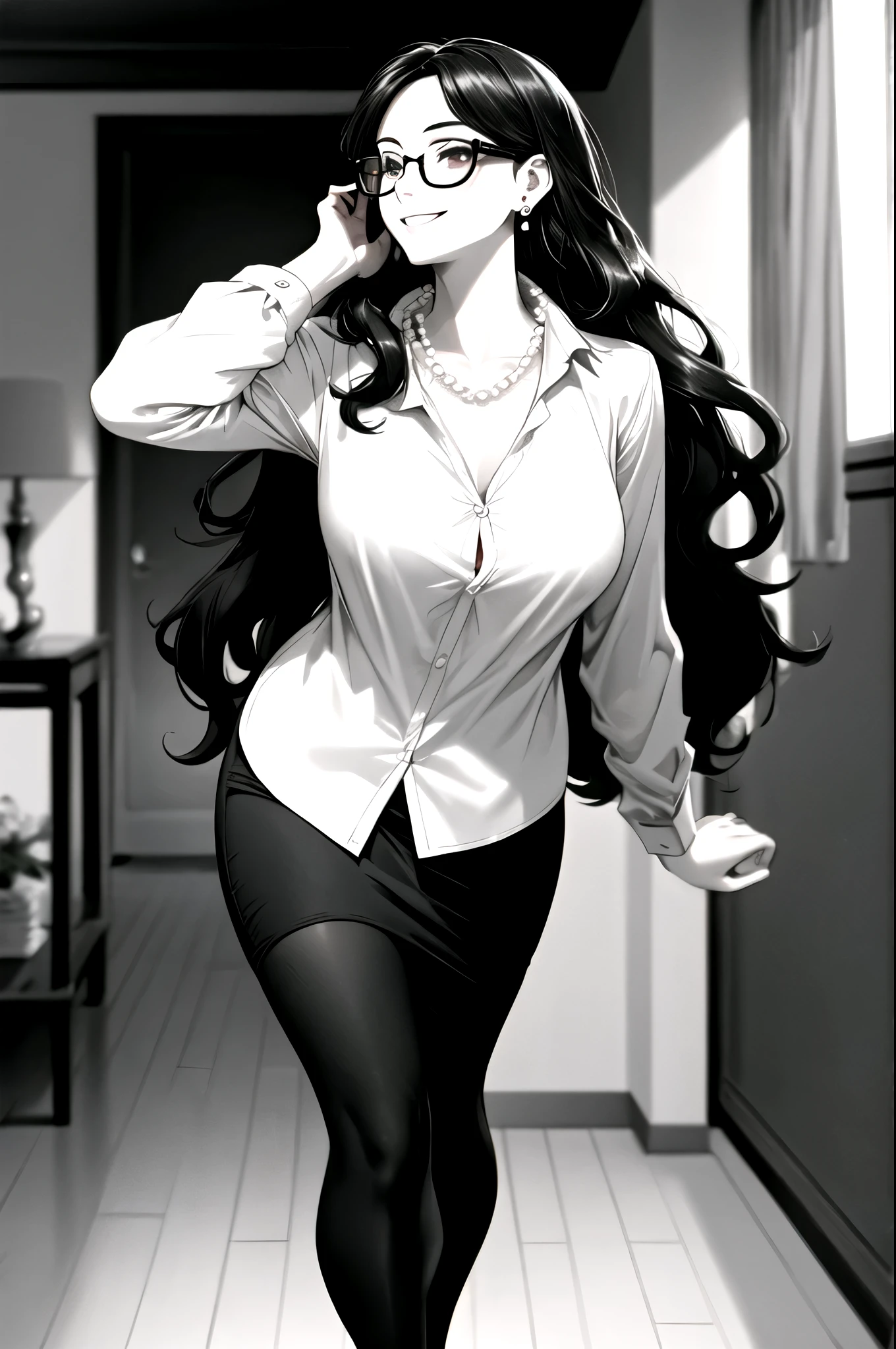 ((super high quality,Ultra-high resolution,4K,8k,super masterpiece,Ultra HD ,Detailed shading)),Angle looking up from below,Looking at the camera,The living room bathed in morning sunlight,Full body photo,A seductive mother,popped collar White shirts,Tight collar,Long sleeve,Show the hem,BLACK Pencil Skirt,sexly,Wavy black semi-long hair,Glasses,smile,Pearl Earrings,Pearl Necklace,Engagement Rings,slouch,Put your hands on your head,
