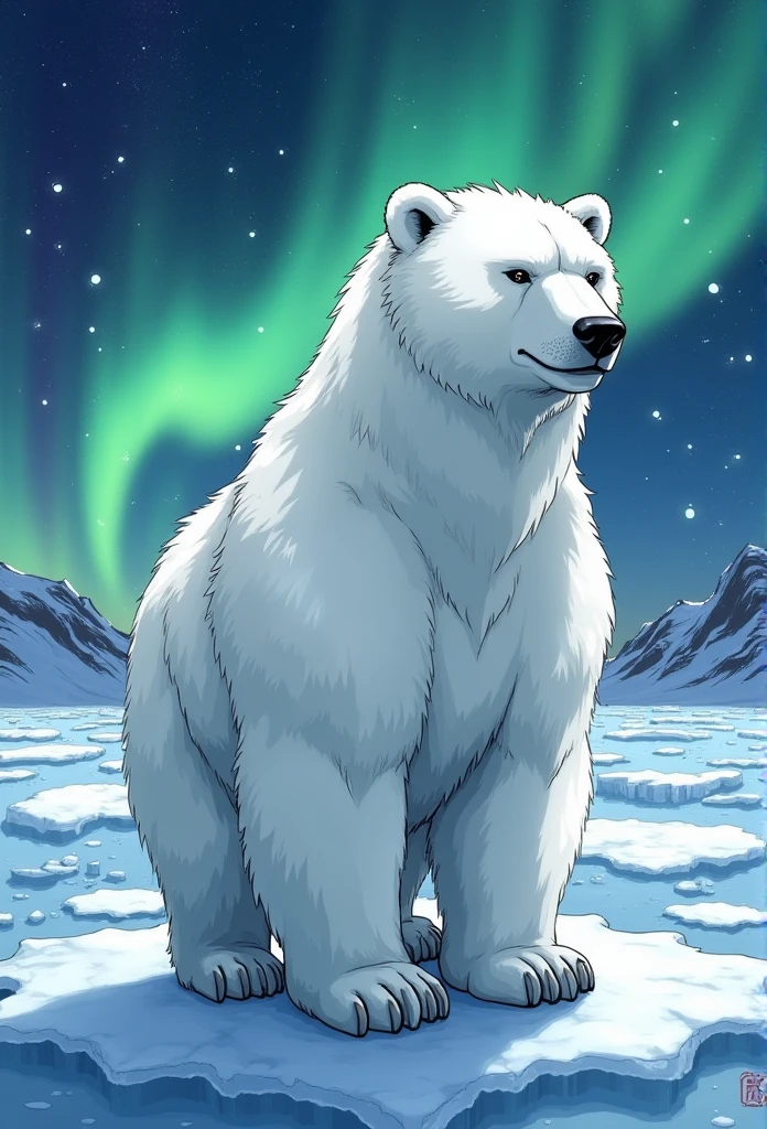 320x320 pixels,masterpiece,White bear in a manga,Standing pose,Standing on the ice、Line Works,cute、looks strong、Aurora Borealis in the background、beautiful、Shining Star
