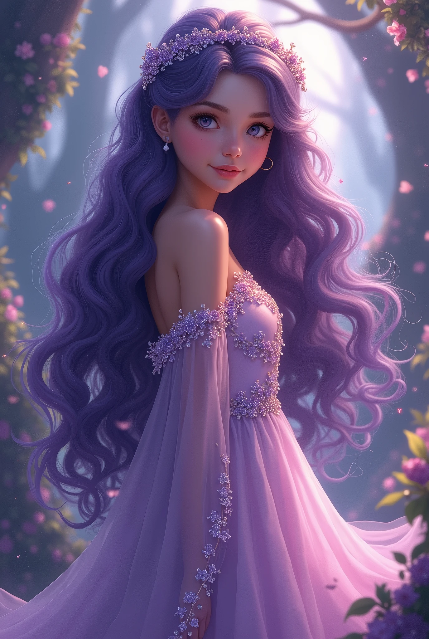 (((work of art))), best qualityer, illustration, 4 k wallpaper, cinematic light, absurderes, portrait painting of 1girl, long hair, purple crystal hair, shiny hair, flowery, princess of trapois, looking straight ahead, fully body