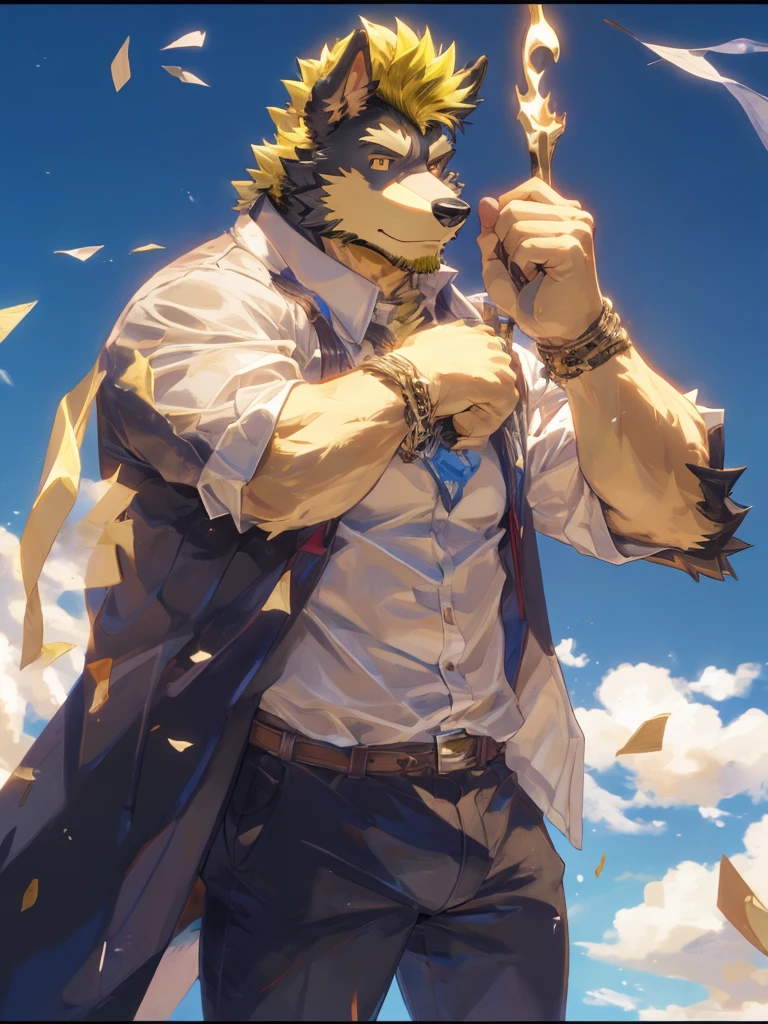 ((best quality)), ((masterpiece)), (detailed), perfect face, bara furry, dog man, big body, black skin, short quiff yellow hair, yellow eyes, perfect eyes, big dog ears, handsome, at school