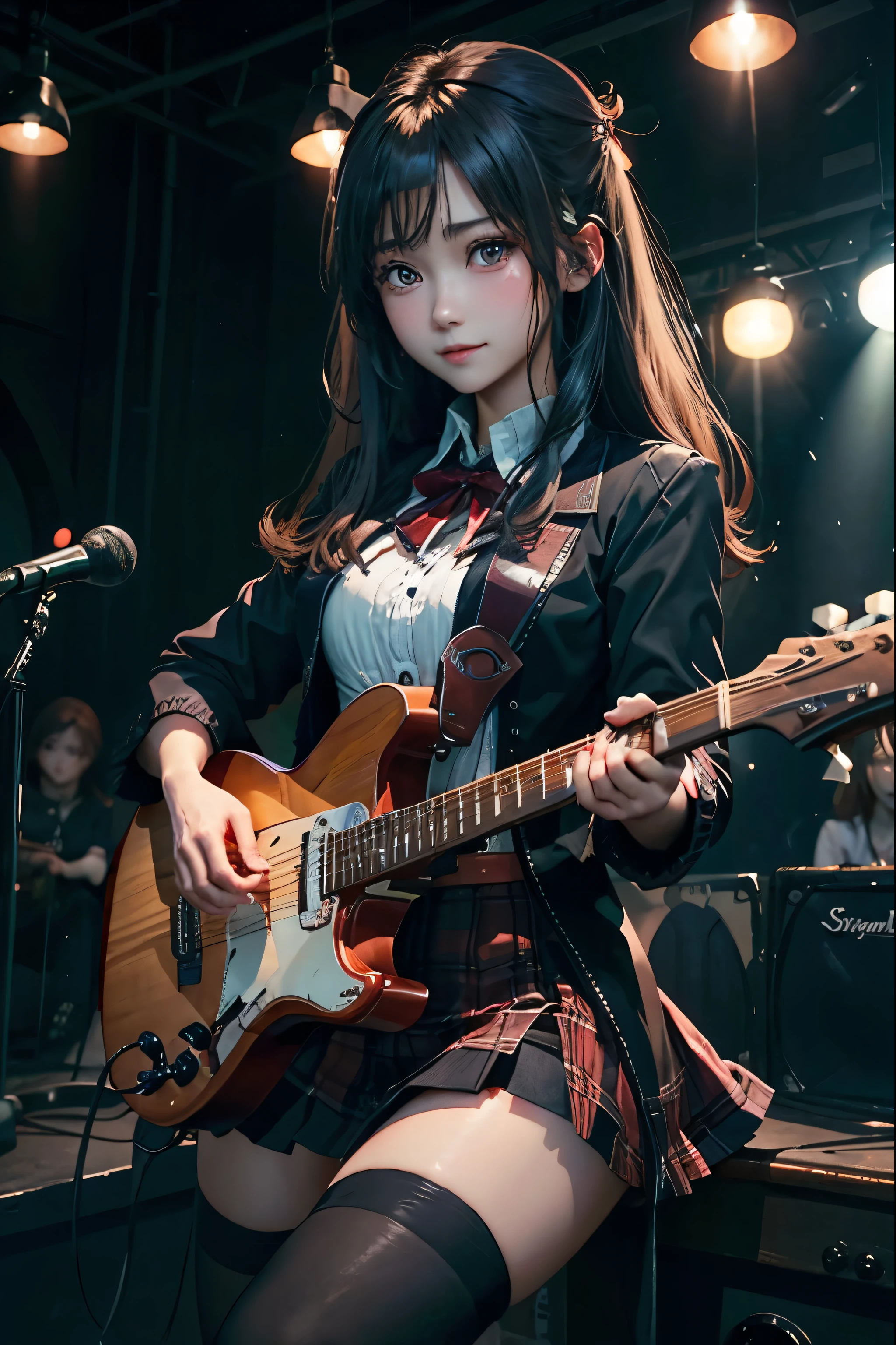 High school girl blazer、uniform、Red checked knee-length skirt、Long skirt、JK Style、Jacket、smile、Knee-high socks、Thigh-high socks、pantyhose、Extremely beautiful、Super cute、ennui、Rare Beauty、Dark black eyeshadow、sad、Skin radiance、Long Hair Straight Hair、Dark Gothic Makeup、Dark Smile、Fragrant beauty、Stained glass background、masterpiece、Highest quality、See 5 books、Sweat glistening on my chest、Sweat glistening on the face、Small breasts、22 years old、Slightly slim、Mysterious look、Sad look、Mysterious Gothic Church、enchanting castle、Excessive sweating all over the body、Sweat dripping down thighs, shining in the light、Shiny thighs、Thighs、Sweat on thighs, shining brightly、sweat profusely、gal、Small breasts、Japanese face、Captivating look、Thin Thighs、play the guitar、I have a guitar、Enthusiastic singing、play the guitar in a band、Playing guitar chords、Background of the live music venue、Sing a song、Open your mouth、Scenery of a live music venue、Mike stand、Glamorous live stage、Dynamic Angles、Vivid straight long hair、delicate straight hair、