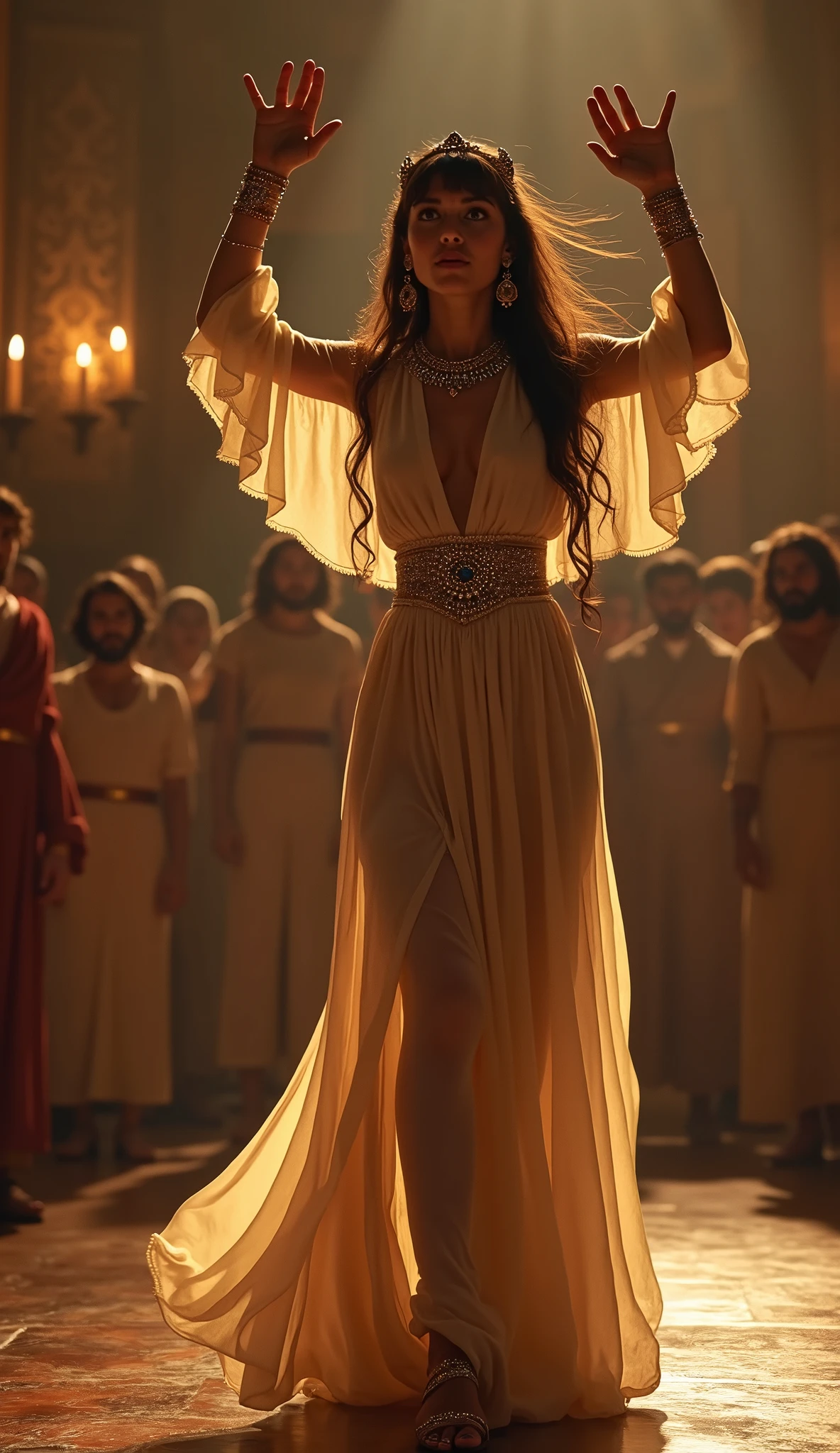 ((both hands up dancing  , acrobatic pose)), AD 1 century, She dances a  dance before the Jewish royal family, in palace, ((acrobat dancing1.3)), Arab Girl, Her name is Salome, 18-year-old, (Light brown hair, Her bangs are cut straight across, Her long hair is trailing,　Black eyeshadow around her eyes－, Brown eyes, Beautiful red lips, big smile), （Gold crescent earrings, lapis lazuli of Tiara , lapis lazuli of Necklace, Gold bracelet）, (, Wide ) ,((Black Lace Micro Bra, Black lace T-back high-leg :1.3), ((face black see-through veil)), ((The outfit from her neck to her navel is see-through blouse)) ,(A robe of silk Pink, Her attire is white and sheer from the waist down of Wide trousers), ((Beautiful jeweled sandals)), In the royal court of Jerusalem, night, Textured skin , little black skin, HI Detail Skin, (Shorthand, Canon, Ultra-high resolution, Anatomically correct, Super Detail, Attention to detail, Your Highness,
Complete , Slender body, Small 