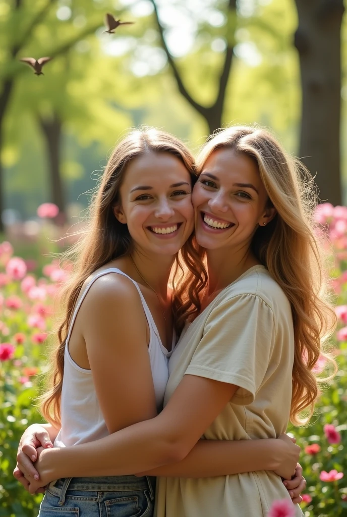 Two women hugging each other joyfully with a lot of affection