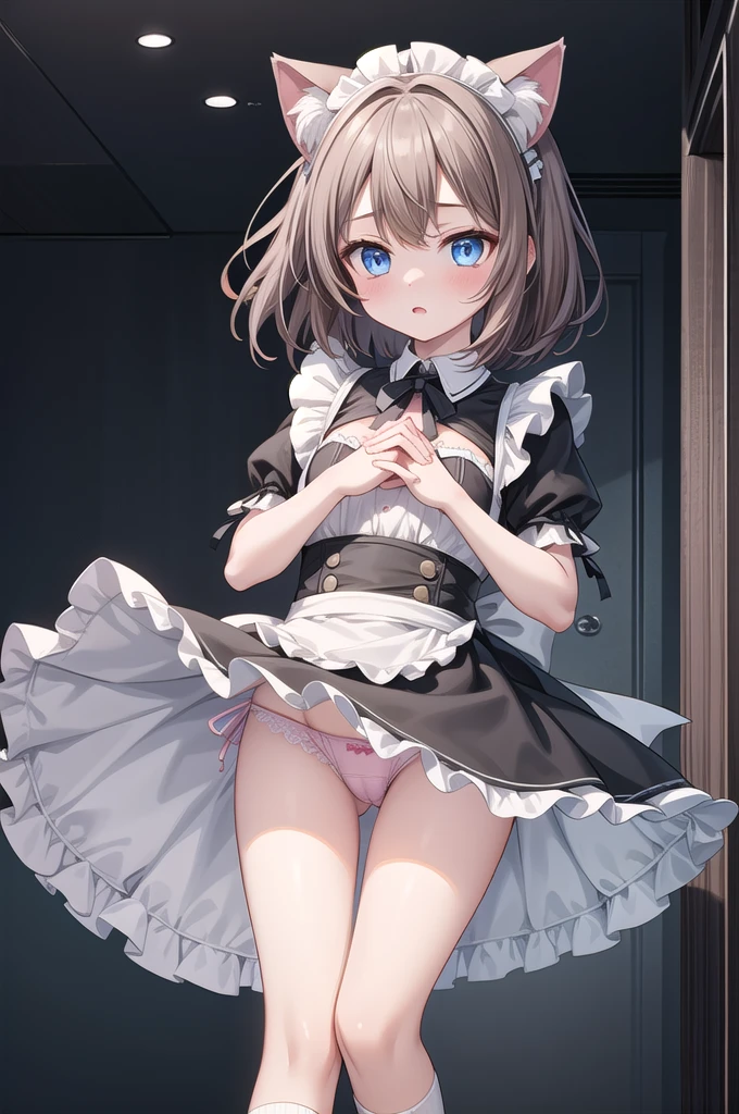 Solo Girl, 20-year-old,Medium Hair, Light brown hair, Mid-chest, highest quality, High resolution, Very detailed, Detailed Background, Perfect lighting、Extreme maid outfit、very cute, Blue eyes, a pair of cat ears, Blush, white silk socks, Lift up the skirt with your hands, Pink underwear, lace, 