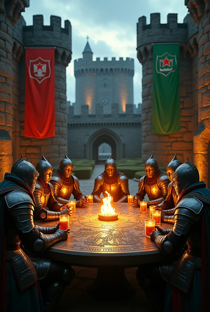 (photorealism:1.2), Eight legendary laicans with armor of gods at a medieval round table ,castle background with heineken flags 