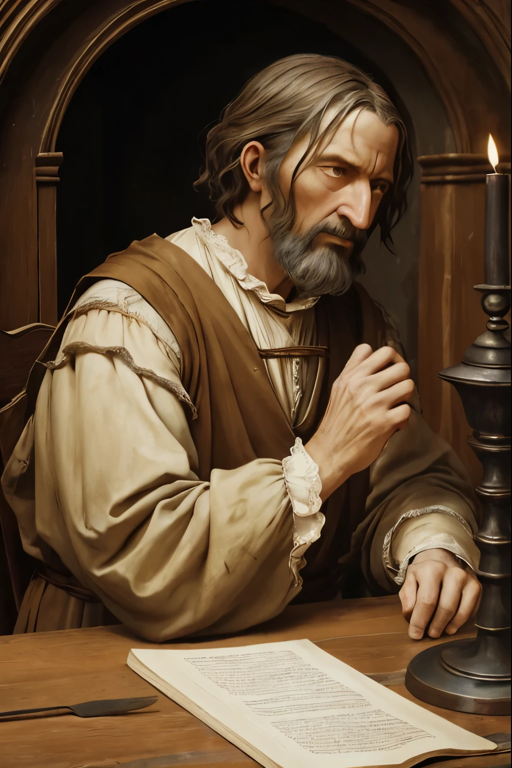 renaissance style painting, surreal art, a frail man, scraggily hair, medieval peasant clothes, dead eyes, gaunt features, hands wrapped in old fraying gauze, sitting at a table in a damp room, lantern on the table, very little illumination, defeated man, clean shaven, roughed up clothes, medieval lighthouse keeper, very dark room, eerie, fix hands, very defeated eyes, weathered man, dull painting, very little vibrance, lifeless ambiance, eyes looking to the left