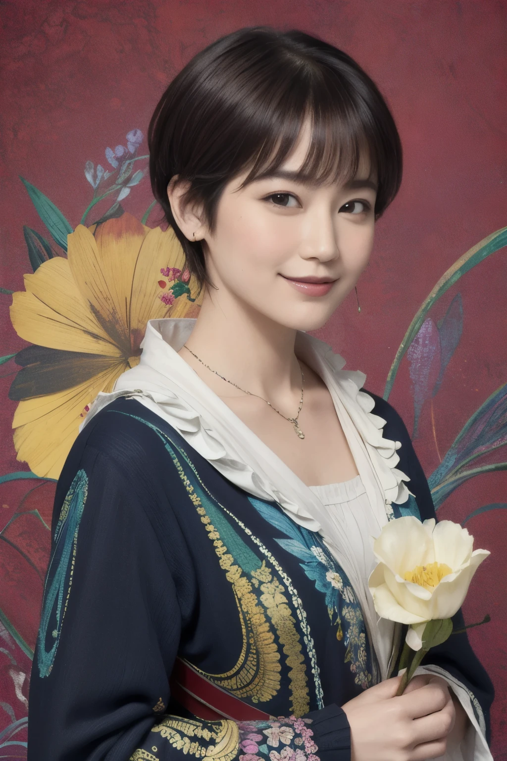 272 (20-year-old woman,short hair), (masterpiece, Highest quality, beautiful:1.2), Very detailed, (Fractal Art:1.1), (colorful:1.1), (flower:1.3), whole body, (Abstract background:1.3), (Many colors:1.4), (Old-fashioned smile), (Hawaii)