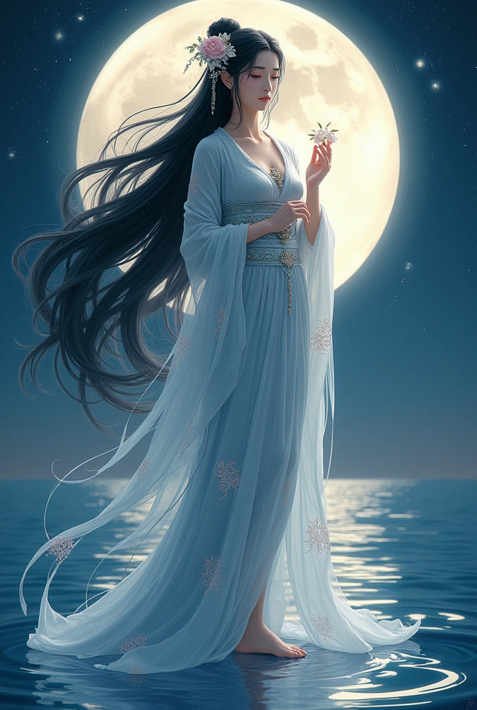 (masterpiece,Highest quality,,8k,High resolution),One female,,Beautiful Face,Beautiful Face,Beautiful eyes,Beautiful lips,Compassionate Mother Kannon,Black Hair,look back,,Wave,,Standing on the surface of the water,,flower,bird,,moon,,A bright night with stars visible,jewelry,Holding,Long sleeve,Veil,necklace,Lotus,Long Hair,dress,(whole body),Highly detailed CG,