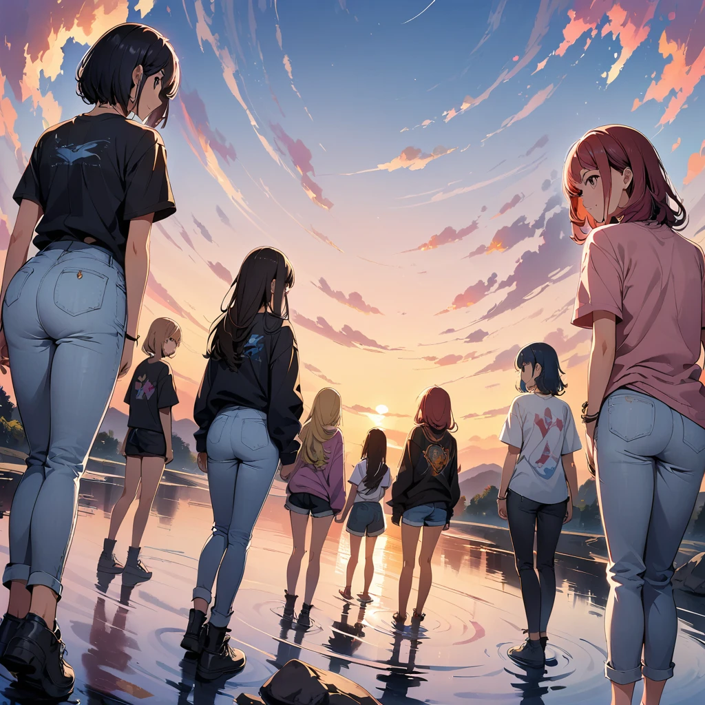 official art, unified 8k wallpaper, super detailed, masterpiece, Best image quality,super wide angle,evening,(five slim girls are standing side by side:1), (standing far away:1), ((black t-shirt and jeans shorts:1)), rock stars, Standing in the pond, water is like a mirror,reflecting the sky。look up to the sky,Colorful sunset,Dynamic angle, grace, bright colors, from behind