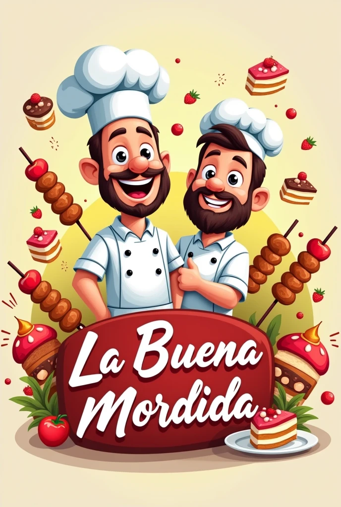 Logo for a couple of cake and brochette chefs for a fast food restaurant with the name La Buena Mordida