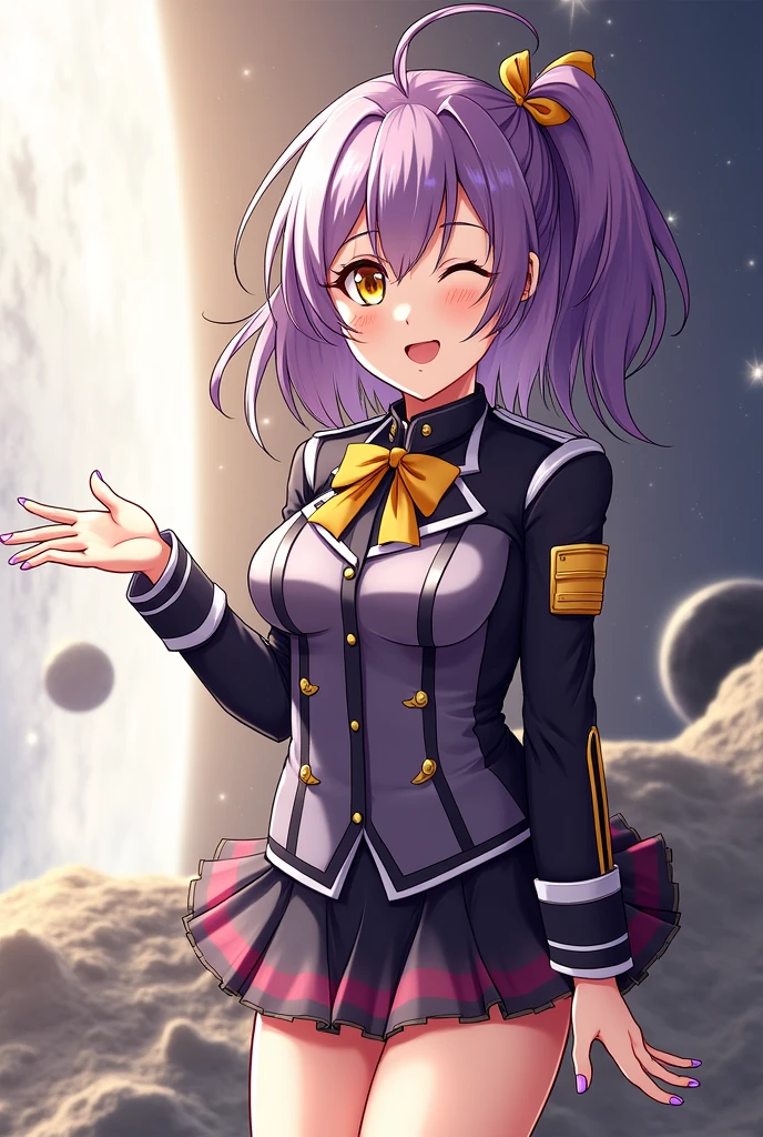 ((Work of art)))
a beautiful girl, medium length purple hair tied in a side ponytail, (((bright golden eyes))),((purple nails))), she wears a military uniform with a black skirt and an armband on her left arm, ( (on the moon with starry sky and the earth in space)), standing, barefoot, posing for me, (((perfect hands))), (((perfect fingers))), ultra quality, medium breasts, smile with eyes closed