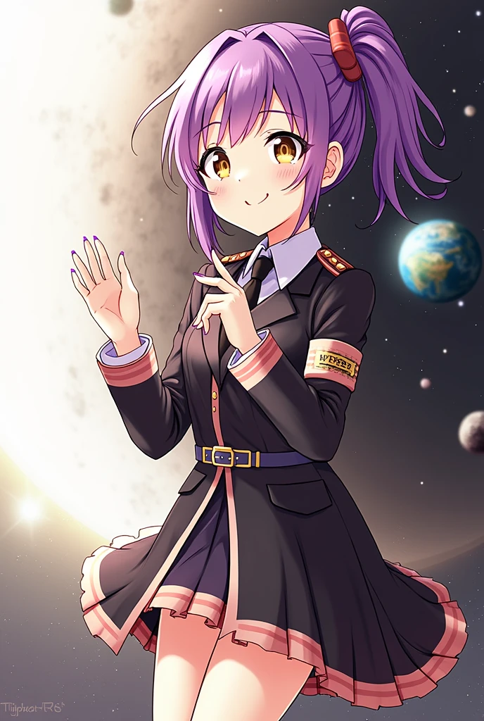 ((Work of art)))
a beautiful girl, medium length purple hair tied in a side ponytail, (((bright golden eyes))),((purple nails))), she wears a military uniform with a black skirt and an armband on her left arm, ( (on the moon with starry sky and the earth in space)), standing, barefoot, posing for me, (((perfect hands))), (((perfect fingers))), ultra quality, medium breasts, smile with eyes closed
